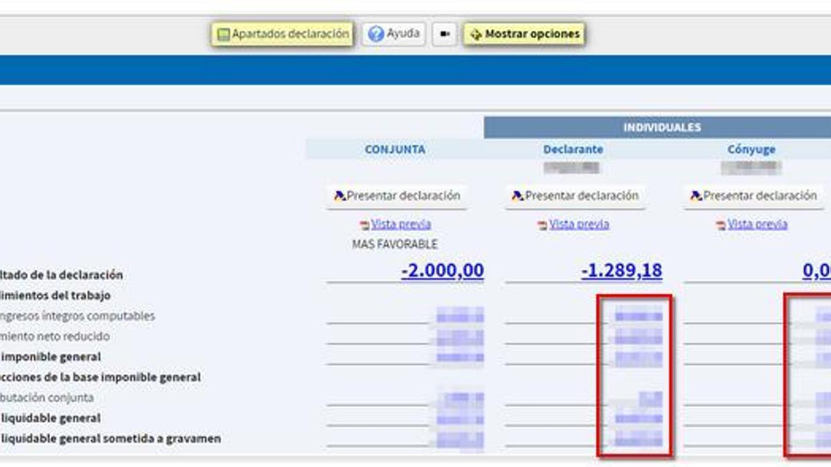 Écran pour accéder aux différentes sections de la déclaration.