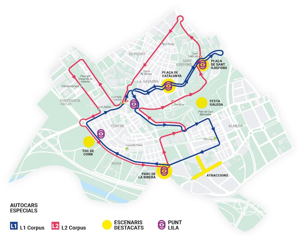 Plan des bus et des points Lila pendant le Corpus de Cornellà 2024.