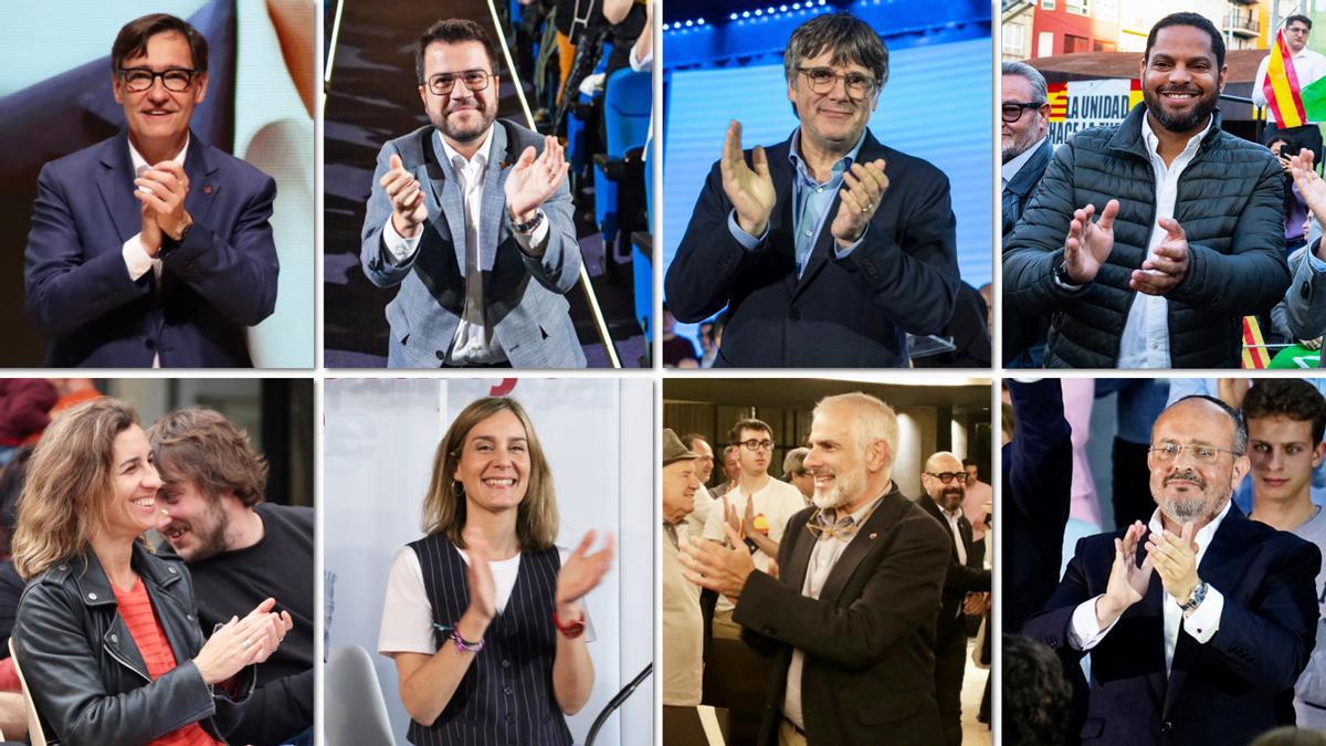 Salvador Illa, Pere Aragonès, Carles Puigdemont, Ignacio Garriga, Laia Estrada, Jéssica Albiach, Carlos Carrizosa y Alejandro Fernández