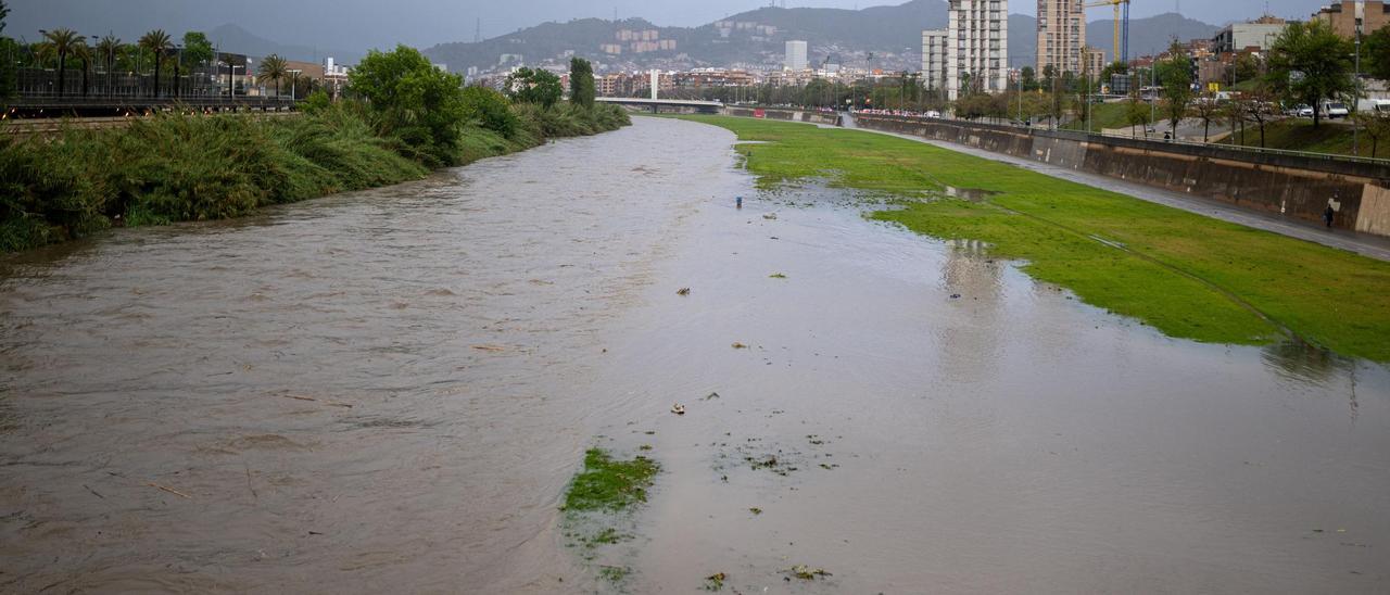 Crecida del río Besòs a su paso por Santa Coloma de Gramenet esta tarde