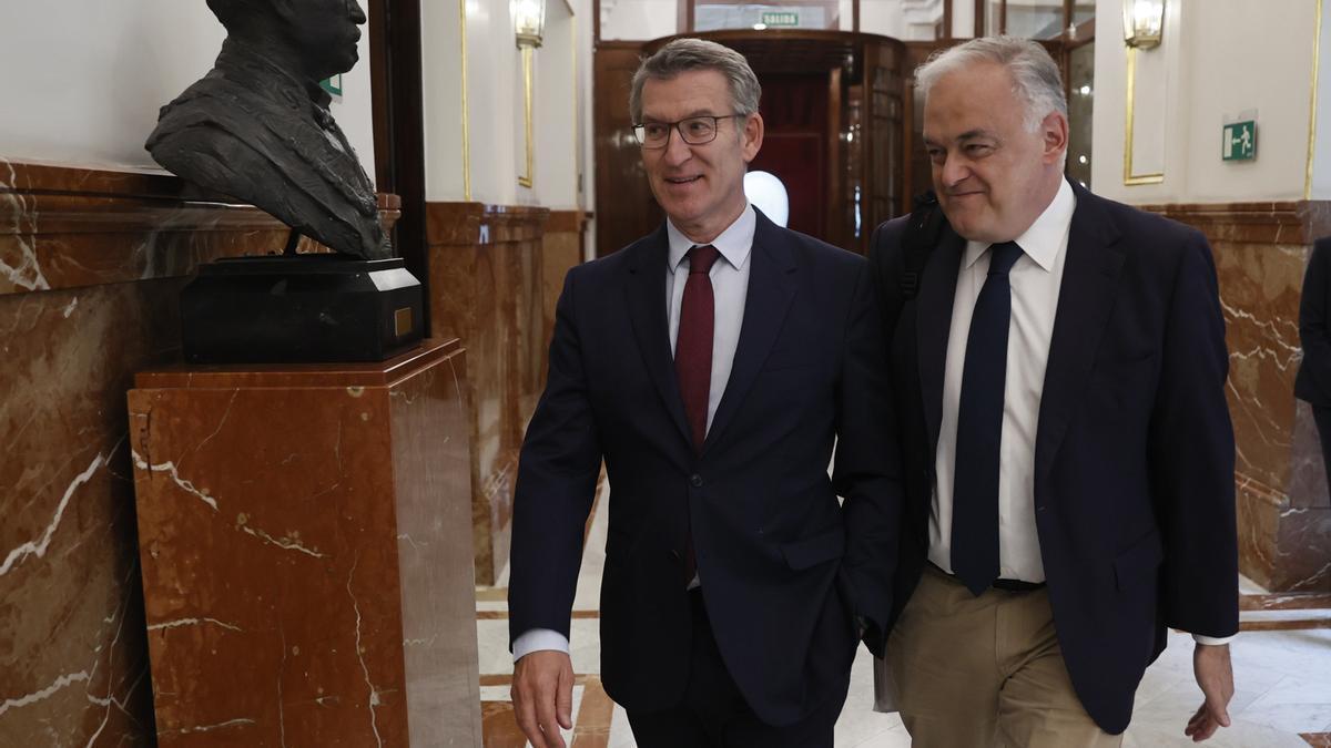 El líder popular, Alberto Núñez Feijóo (c), acompañado del diputado del PP Esteban González Pons, a su llegada al pleno del Congreso esta semana.