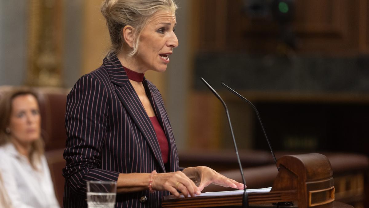 La vicepresidenta segunda, Yolanda Díaz, durante su intervención en el Congreso sobre la reforma de los subsidios.
