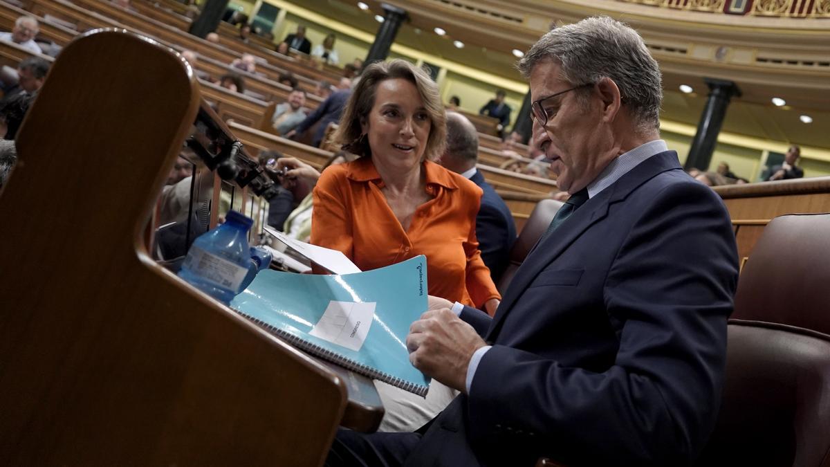 El presidente del PP, Alberto Núñez Feijóo, y la portavoz parlamentaria, Cuca Gamarra, PP, durante la última sesión de control al Gobierno.