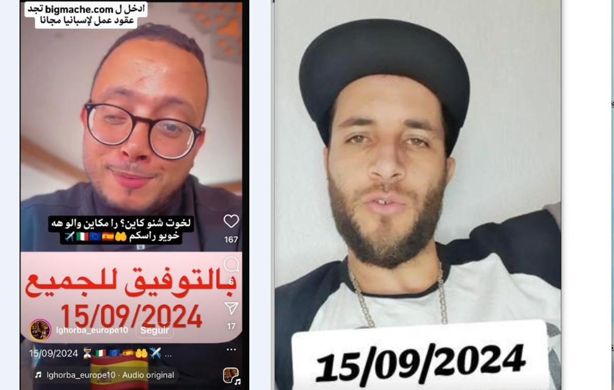 Deux posts opposés sur les réseaux sociaux marocains avant la tentative d'entrée à Ceuta. A gauche, un Instagrameur souhaite bonne chance à ceux qui tentent, et à droite, un TikTokeur le déconseille