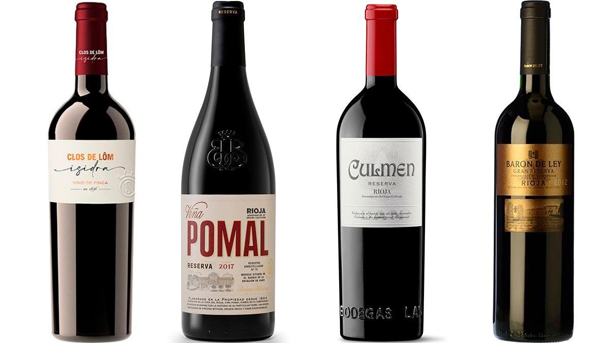 Cuatro vinos tintos premiados.