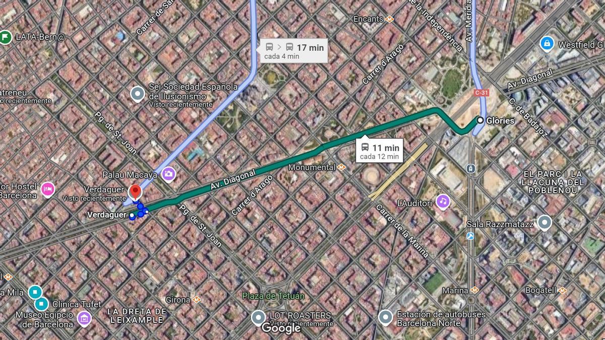 Google Maps propose déjà le tramway pour voyager de Glòries à Verdaguer et vice versa, même s'il n'est pas encore mis en service