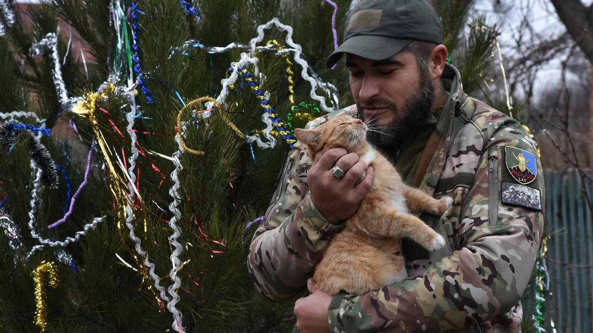Un soldado ucraniano de la 65ª Brigada Mecanizada abraza a su gato en el frenbte de Zaporizhia.