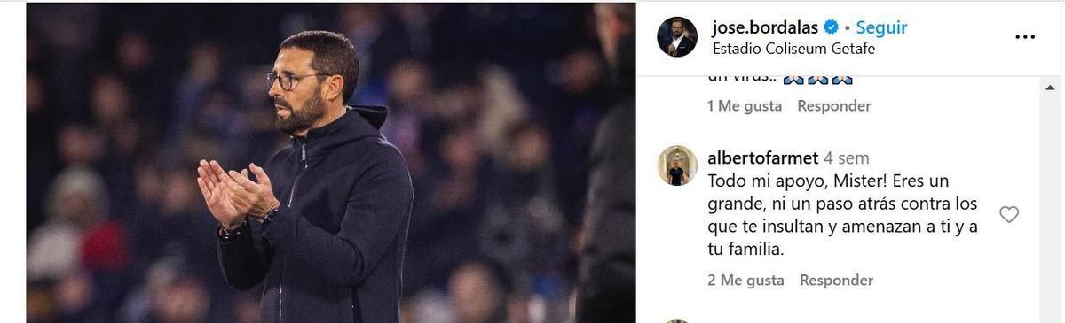 Message de soutien à José Bordalás dans une publication dans laquelle sa famille a été menacée.