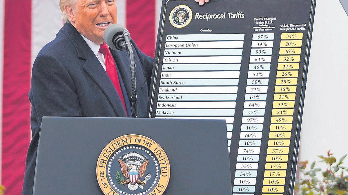 Trump sostiene el listado de aranceles por países, ayer, en la Rosaleda de la Casa Blanca.