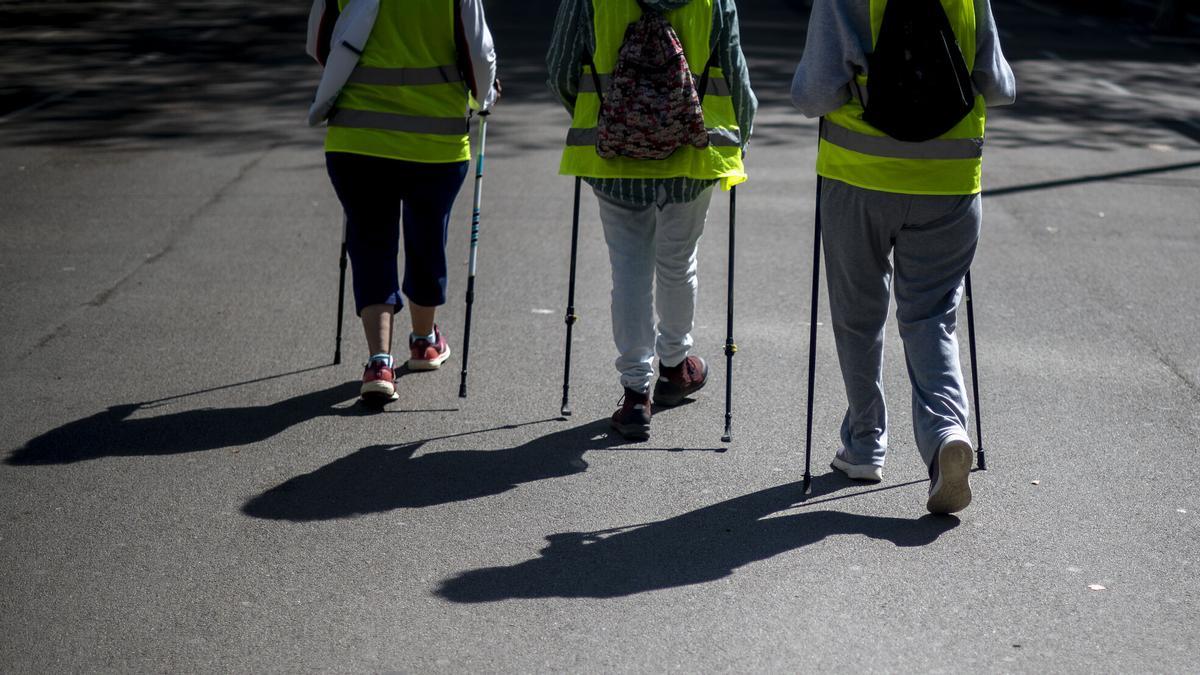 Un grupo de pensionistas, jubilados, camina por la Diagonal.