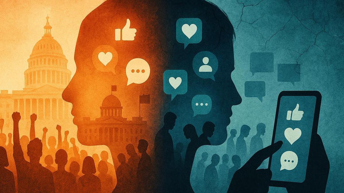 Recreación artística de las dos caras de los medios digitales: fomentan la participación y minan la democracia, aunque de forma desigual dependiendo de países.