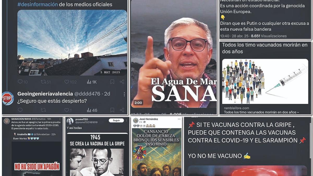 Pantallazos de mensajes conspiranoicos recopilados por la cuenta de X @EstoyAvisando