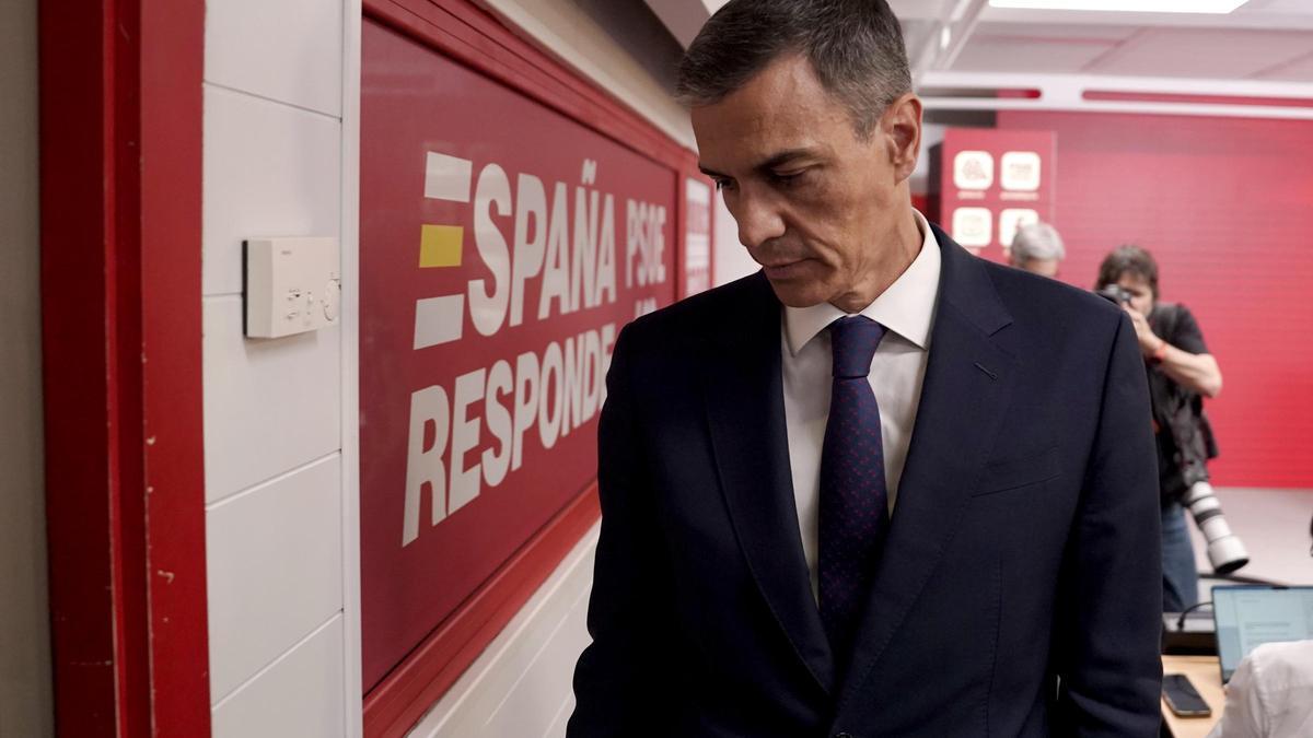 Pedro Sánchez, el pasado jueves en la sede del PSOE, tras la dimisión de Santos Cerdán.