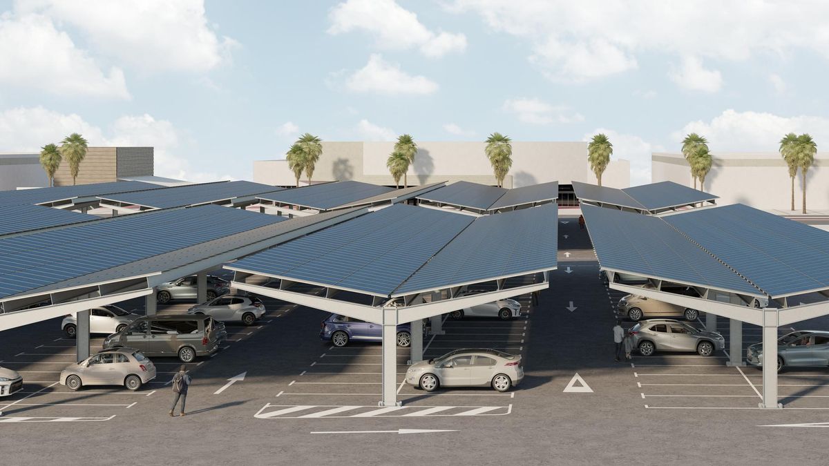 Imágen virtual de la futura pérgola fotovoltaica en el aparcamiento del Alcampo de Sant Boi.