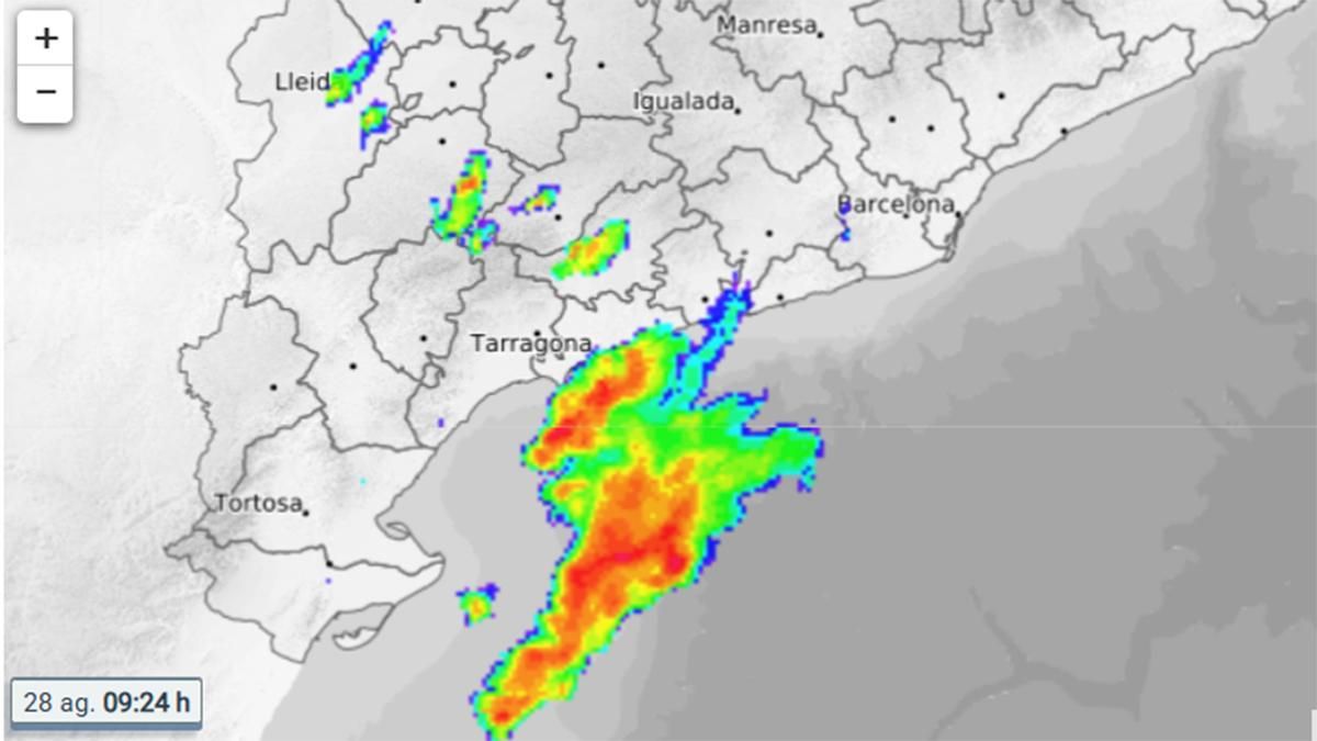 Imagen del radar del Meteocat a las 9.24 horas de hoy, con lluvias intensas en comarcas de Tarragona avanzando hacia Barcelona.