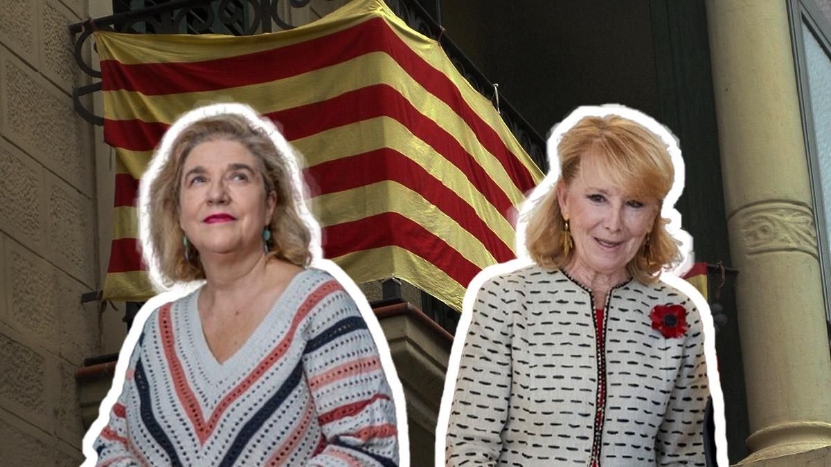 Pilar Rahola y Esperanza Aguirre, sobre una bandera catalana.