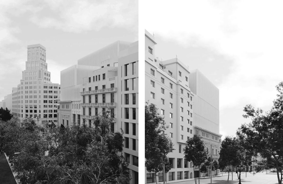 La silhouette future du coin emblématique, vu de Paseo de Gràcia et La Gran via.