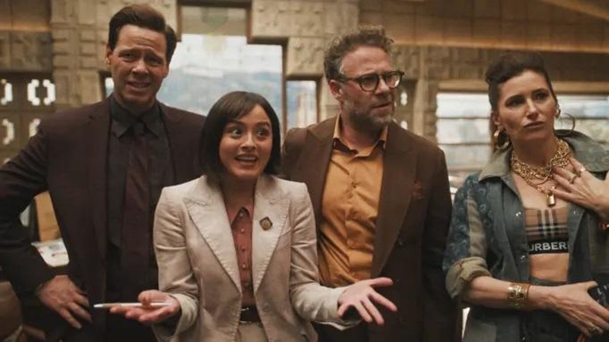 Una escena de la serie "The Studio" de Apple con los personajes principales de su reparto.