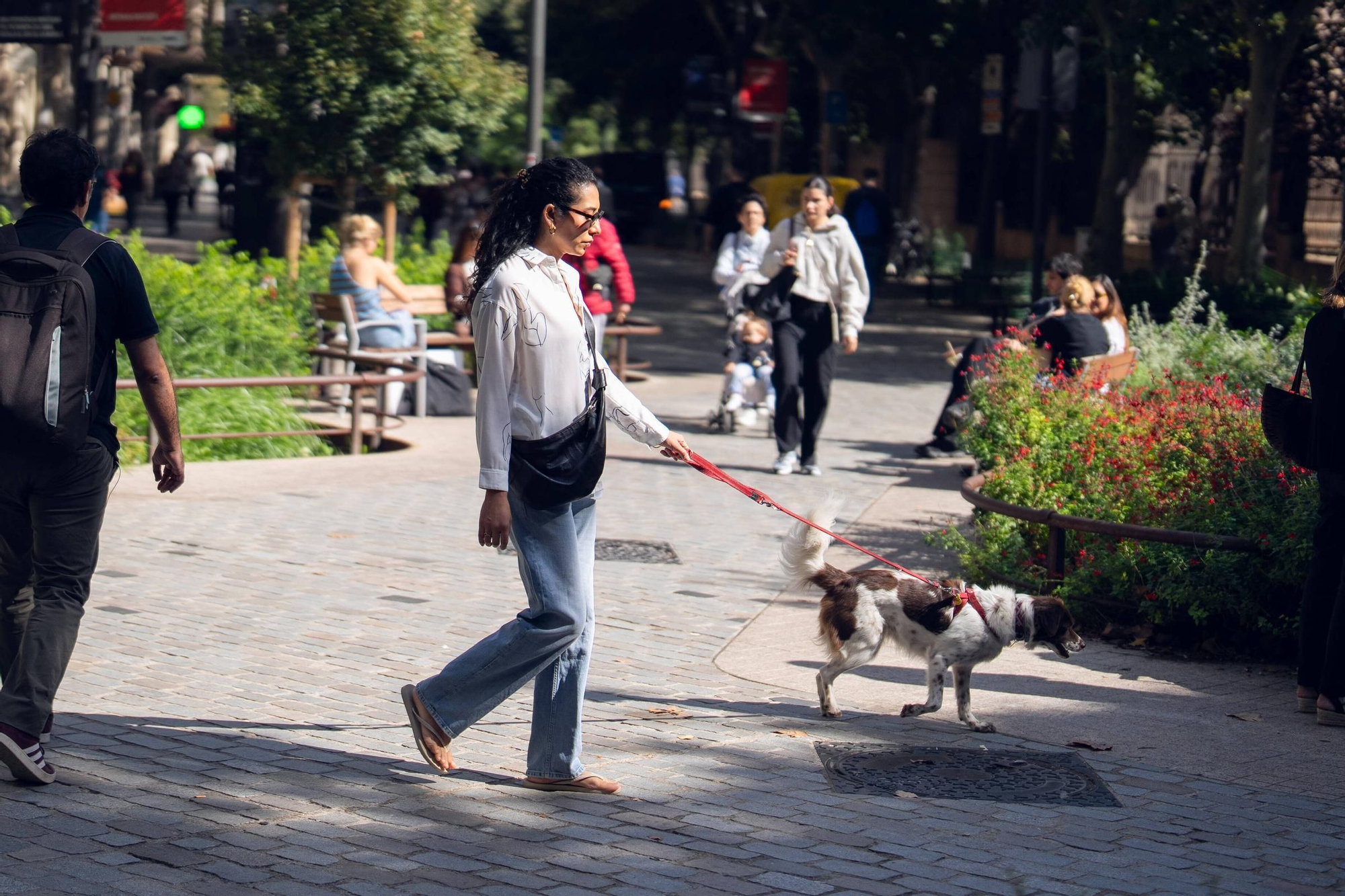 Vecinos de Barcelona paseando por una zona ajardinada de la ciudad.