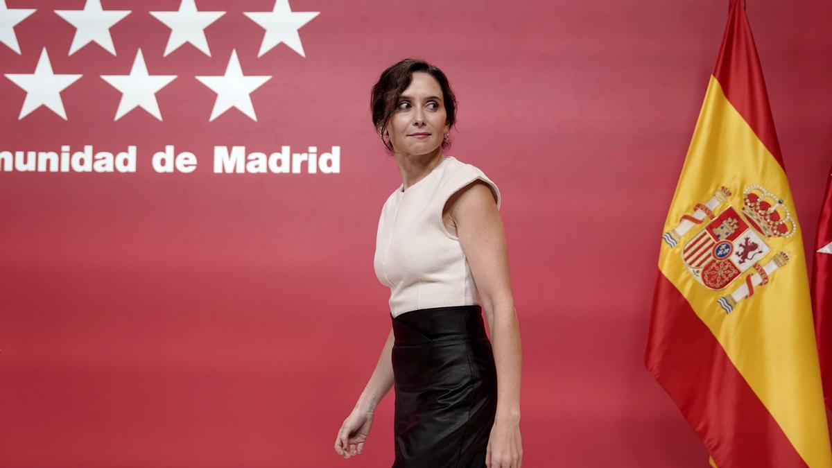 Isabel Díaz Ayuso, presidenta de la Comunidad de Madrid, durante su comparecencia.