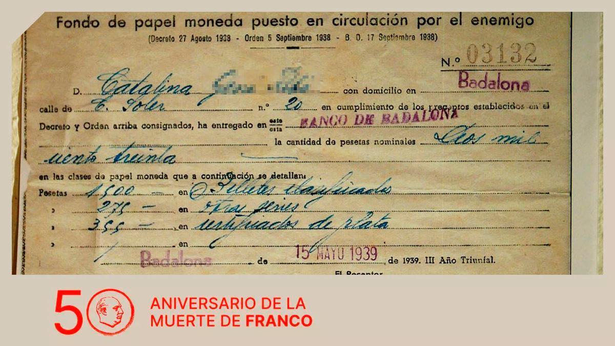 Un ejemplar del resguardo que entregaba el banco con el dinero incautado por el franquismo