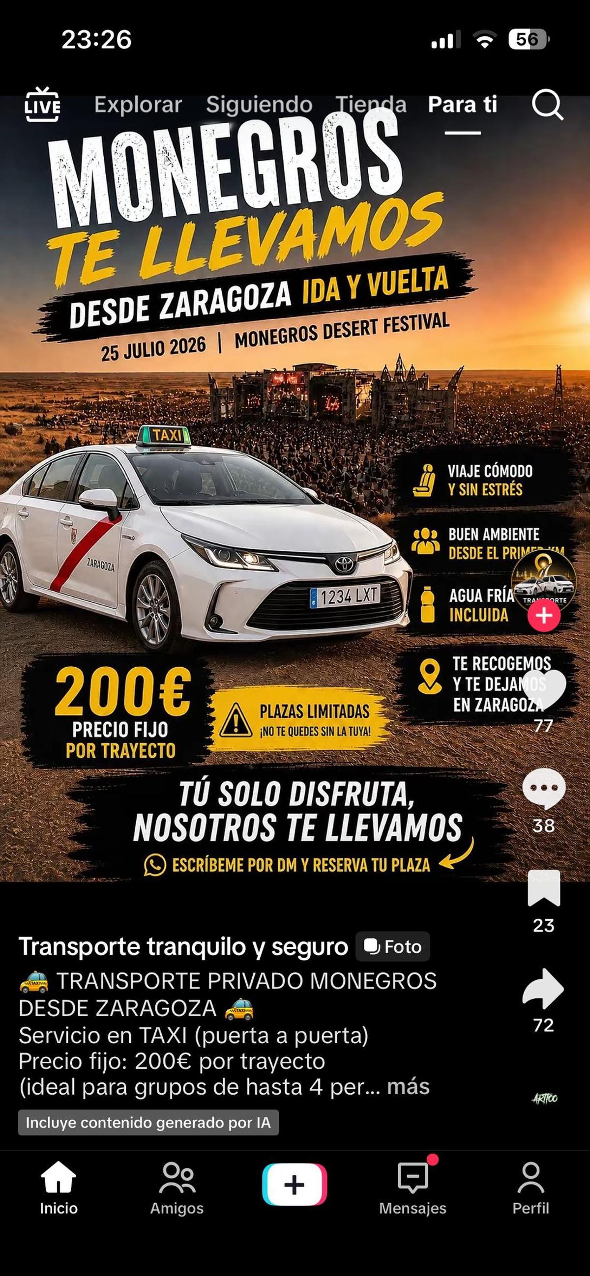 Une des annonces de taxi de Saragosse à Monegros