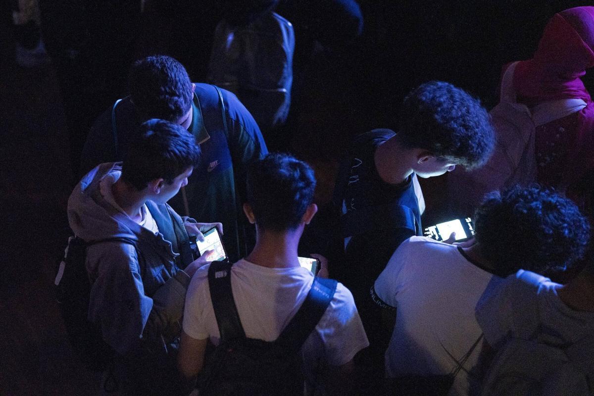 Groupe de jeunes regardant leur téléphone portable.