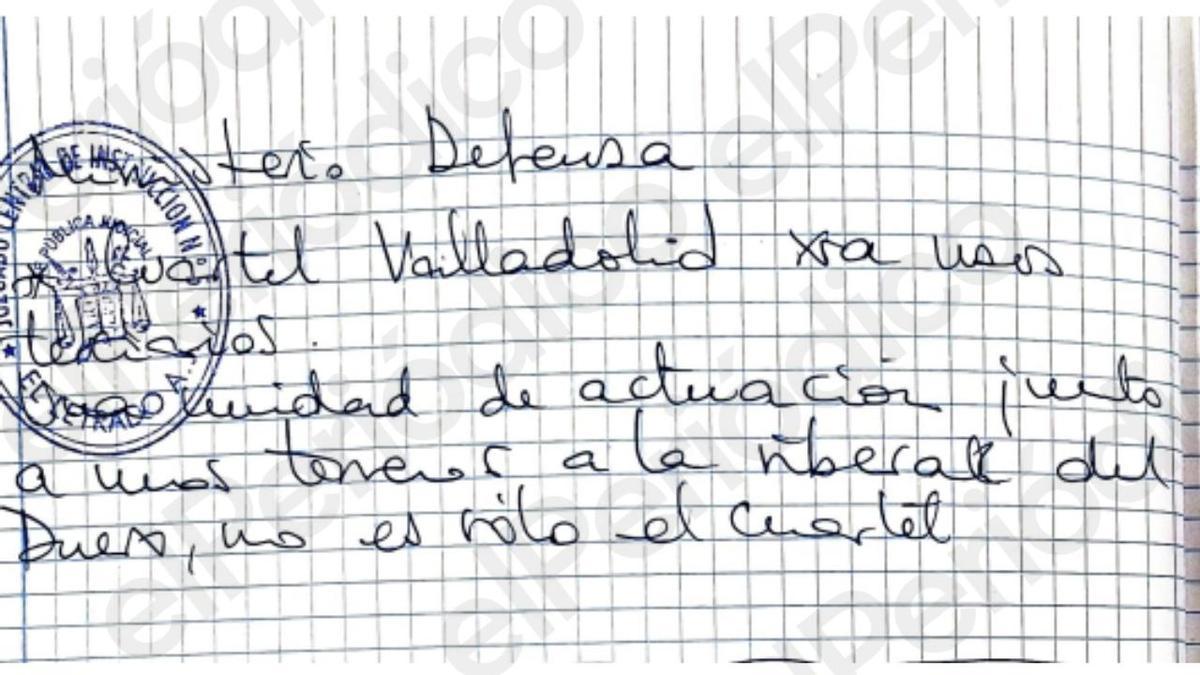 Extrait du carnet de Leire Díez dans lequel le « plombier » note des données sur un terrain appartenant au ministère de la Défense de Valladolid
