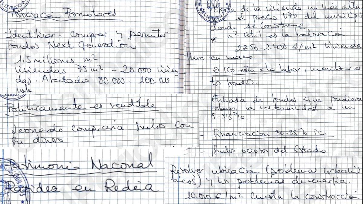 Extraits des cahiers de Leire Díez en possession de l'UCO dans lesquels il est mentionné que "Leonardo achèterait un terrain avec son argent" et l'ICO et Redeia s'impliquent