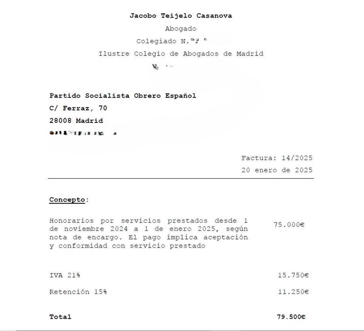 Facture du 20 janvier 2025 établie par Jacobo Teijelo pour 79 500 euros destinés au PSOE