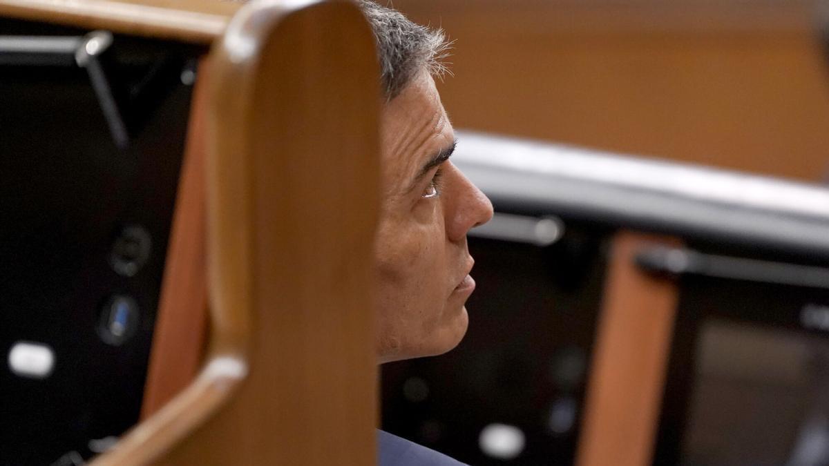 El presidente del Gobierno, Pedro Sánchez, el pasado lunes en el Congreso durante el discurso del Papa León XIV.