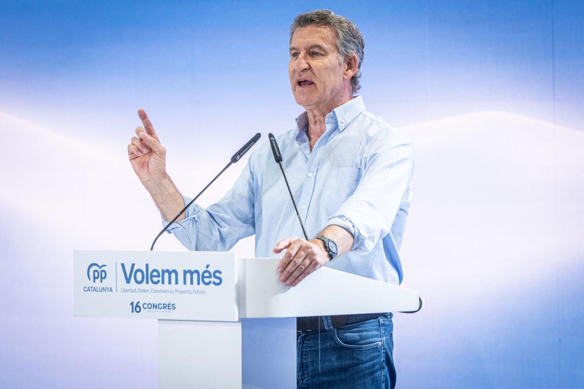 Clôture du Congrès du PP de Catalogne, intervention finale du président du Parti Populaire, Alberto Núñez Feijóo dans son discours de clôture. Barcelone, 27 juin 2026. Politique. AUTEUR : MANU MITRU | CPE