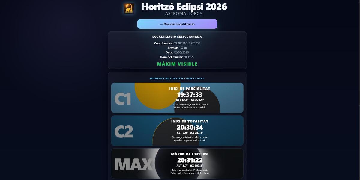 Image de l'application qui montre la simulation de la visibilité de l'éclipse dans la zone nord-est de Majorque.