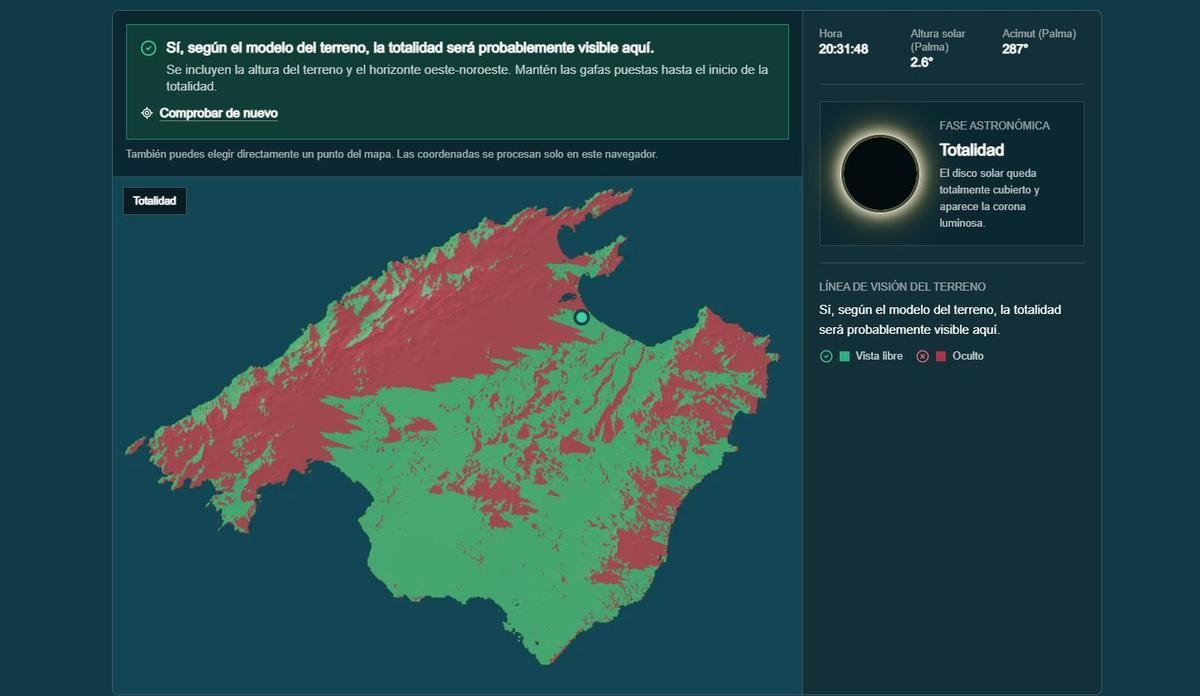 Capture d'écran de l'application « MallorcaMap » montrant la ligne de vue du terrain dans la zone de la plage de Muro.