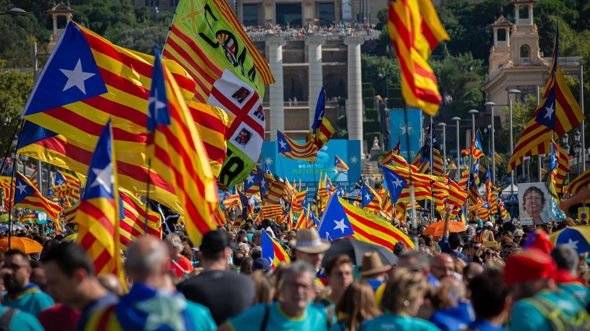 Cientos de personas con banderas esteladas.