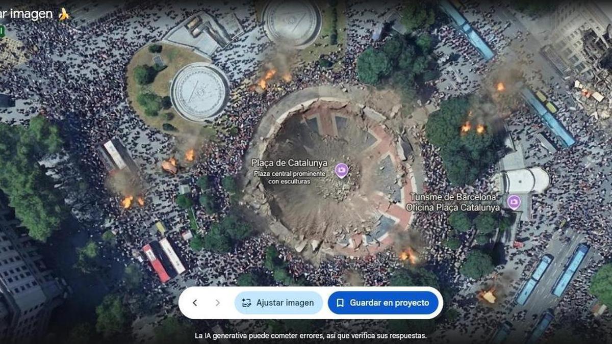 Recreación con la IA de Google Earth de una imagen satelital que muestra la Plaça de Catalunya siendo asediada y en llamas