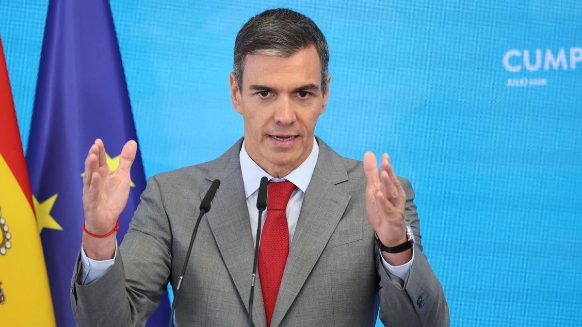 El presidente del Gobierno, Pedro Sánchez, durante la rueda de prensa celebrada en Moncloa.