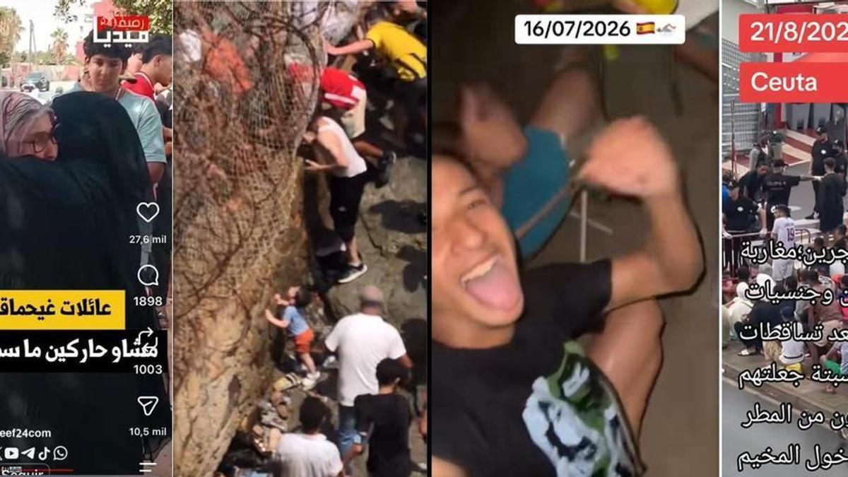 Videomensajes en redes sociales marroquís antes, durante y después de la crisis en Ceuta. A la izquierda, madres llorando y una multitud en un espigón de fácil acceso. C:UsersjjfernandezDesktopMenajes en redes sociales antes, durante y después de la oleada migratoria en Ceuta. A la izquierda, madres llorando y una multitud en un espigón de fácil acceso. A la derecha, un joven celebra haber llegado a nado de noche a Ceuta el 16 de julio, y un tiktoker duda de que los españoles vayan a ofrecer cobijo a los migantes bajo la lluvia.