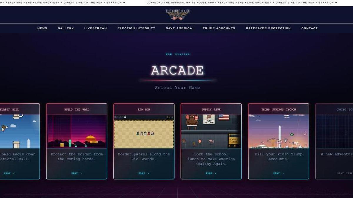 Captura de pantalla de Arcade, la nueva plataforma de cinco videojuegos basados en las políticas de Trump