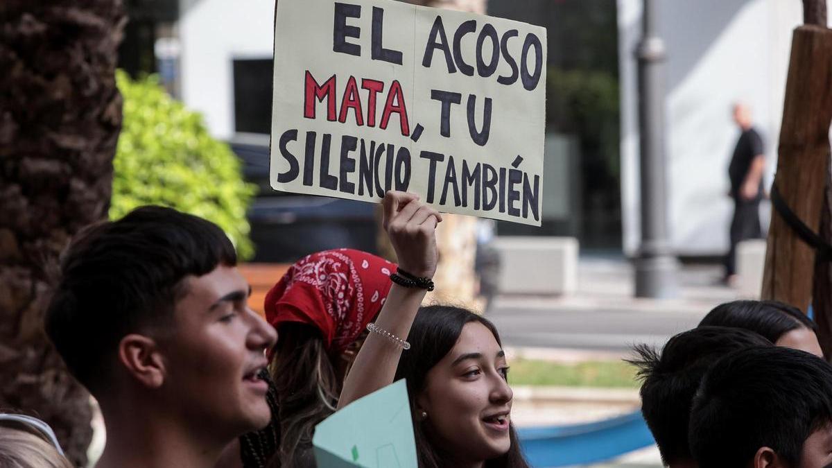 Una pancarta contra el acoso escolar durante una manifestación estudiantil en Alicante esta semana