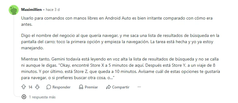 Captura de un comentario de un usuario detallando problemas de experiencia de uso con Gemini en Android Auto.