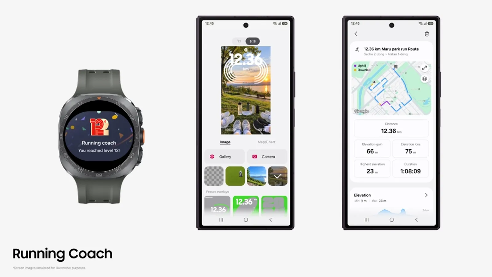 Reloj inteligente y dos pantallas de smartphone mostrando la interfaz de Running Coach con métricas de carrera y mapas.