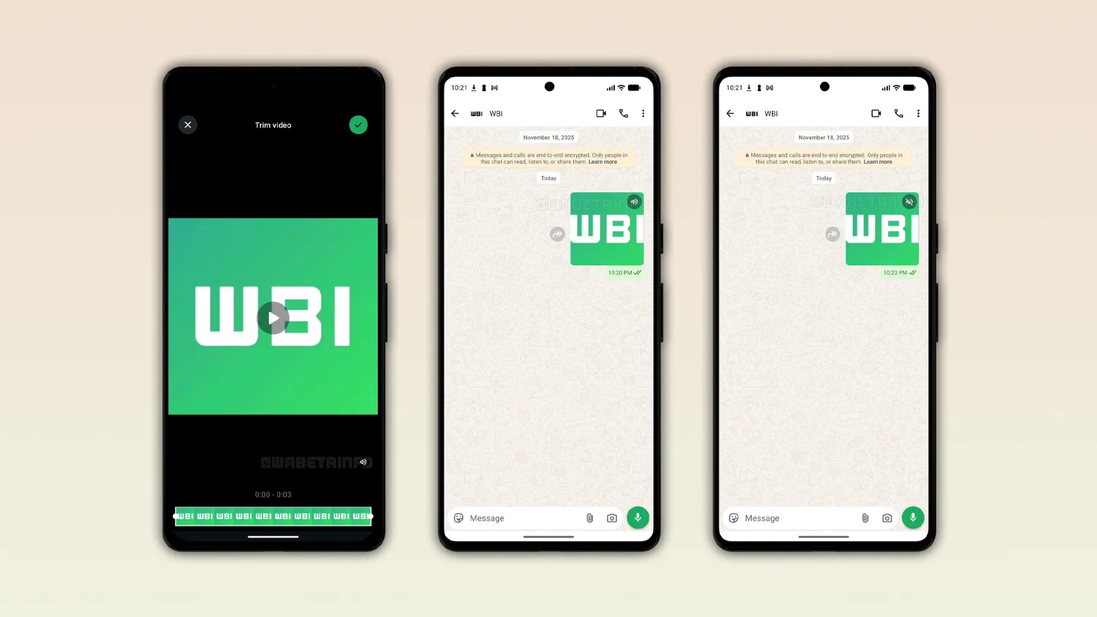 Tres terminales móviles mostrando la edición y visualización de un sticker de WBI en una aplicación de mensajería.