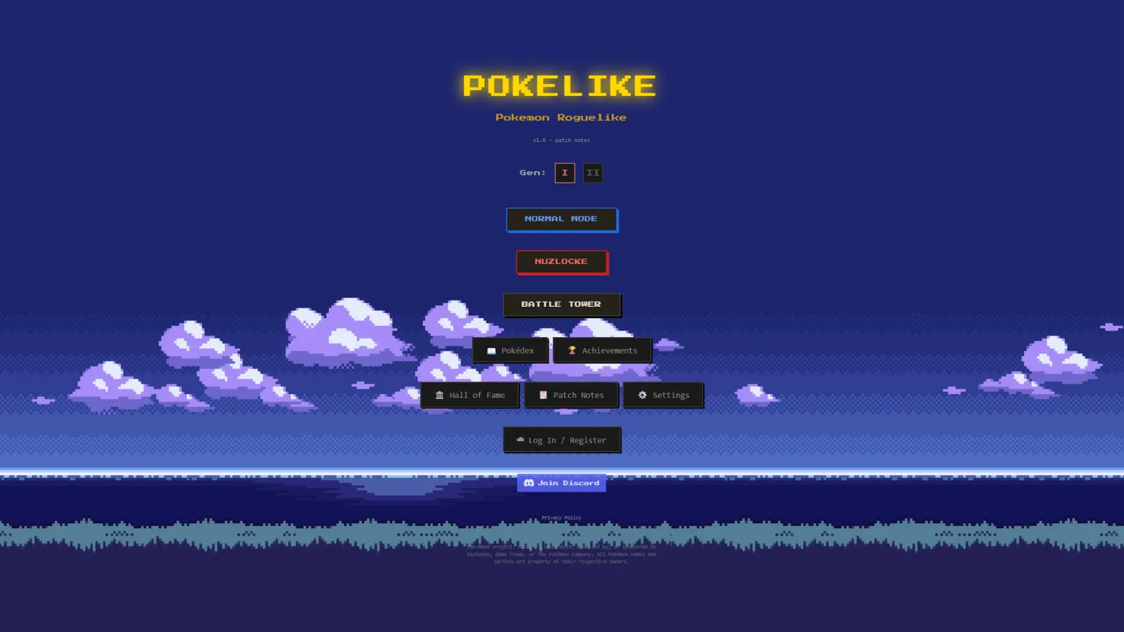 Interface du menu principal Pokelike dans un navigateur Web avec fond de nuage pixélisé.
