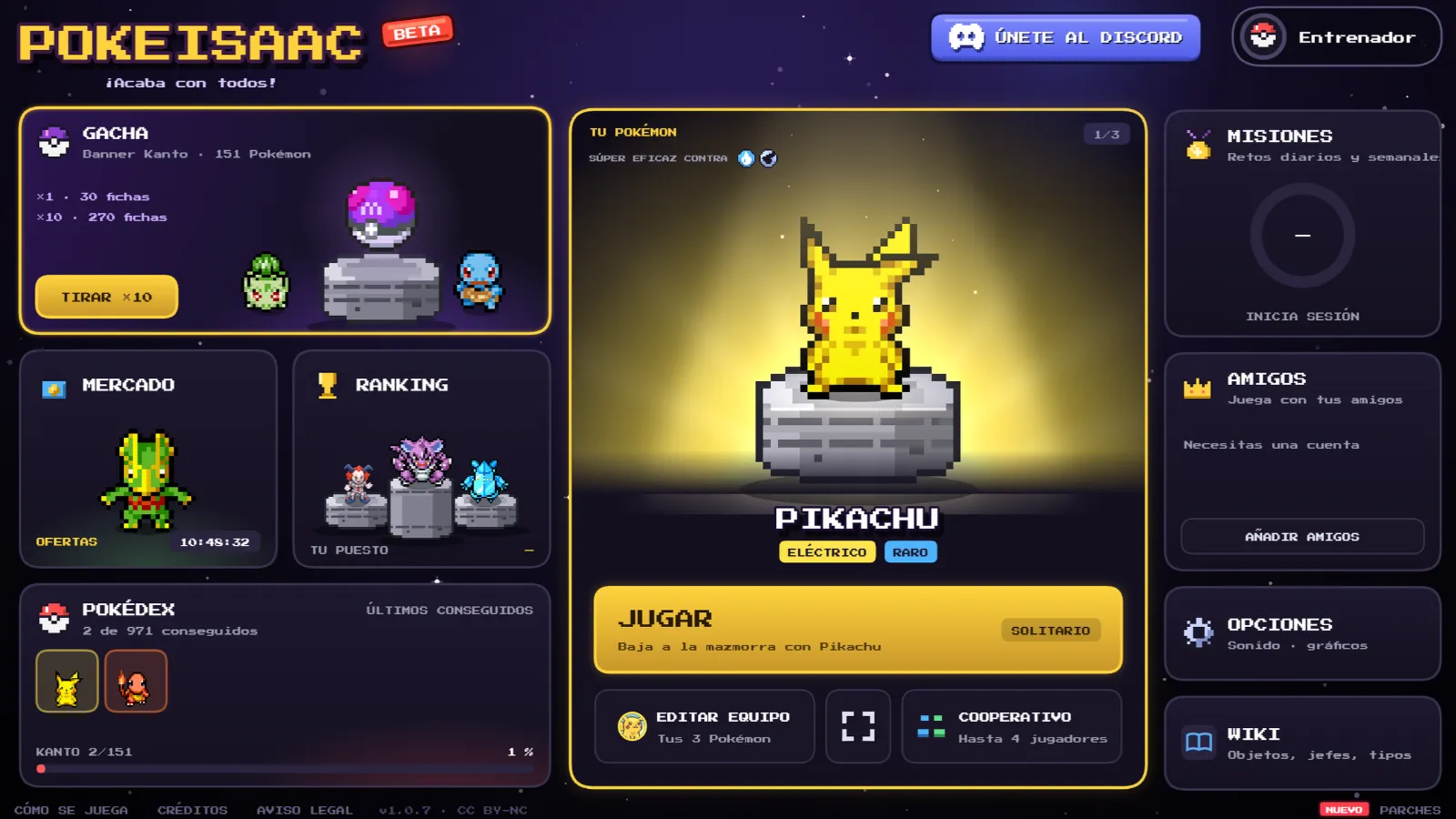Interface de jeu POKEISAAC en phase bêta avec menu de sélection de personnages en style pixel art.