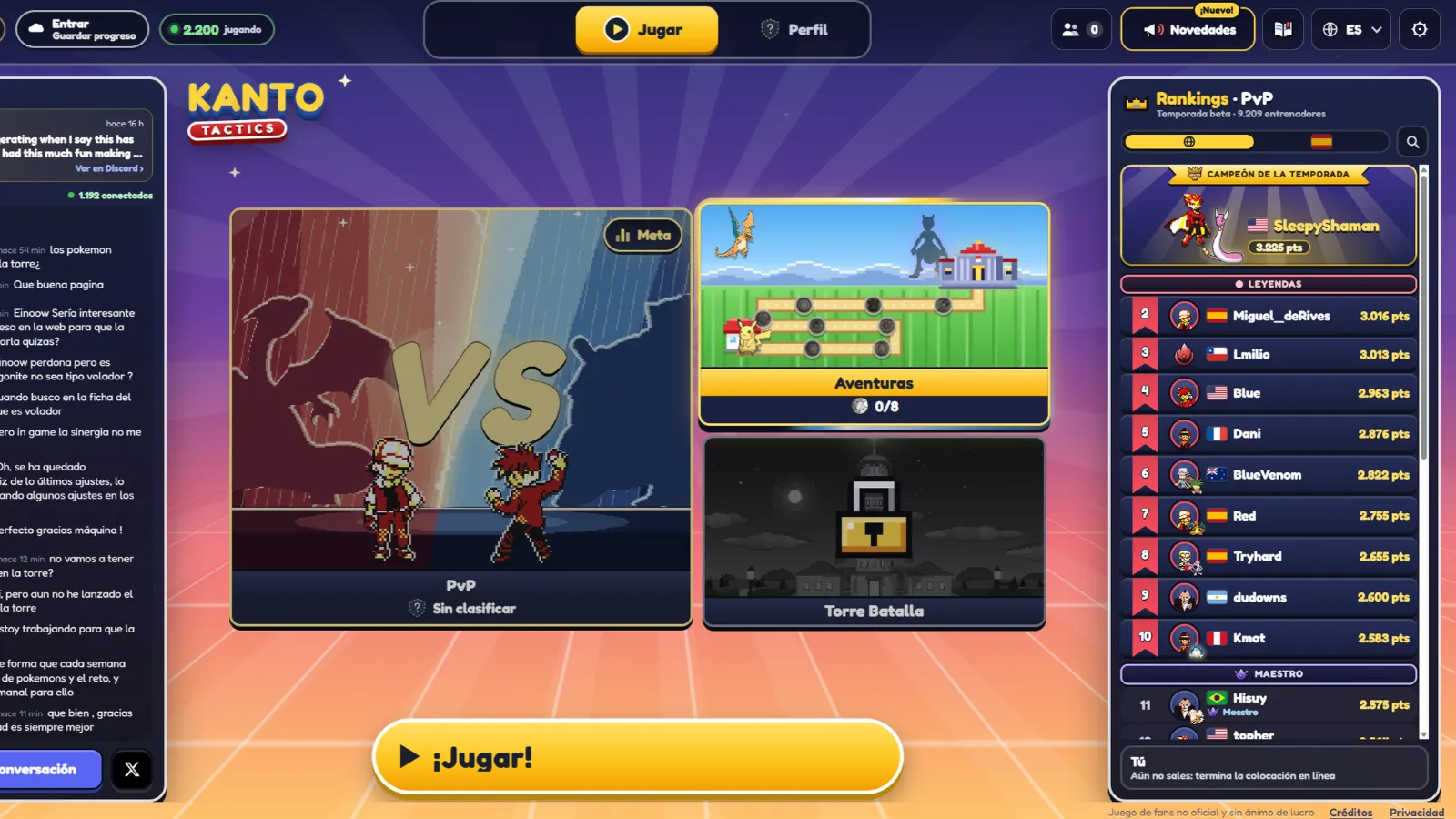 Menu principal du jeu Kanto Tactics avec options PvP, aventures et classement des joueurs.