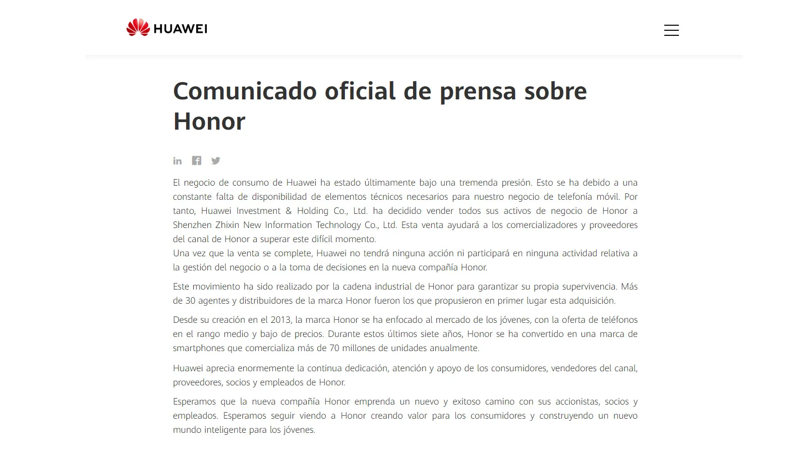 Communiqué de Huawei sur la vente de Honor.