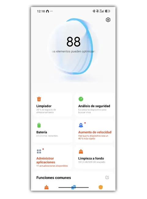 Interface principale de l'application Xiaomi Security affichant l'état du système et les raccourcis d'optimisation.