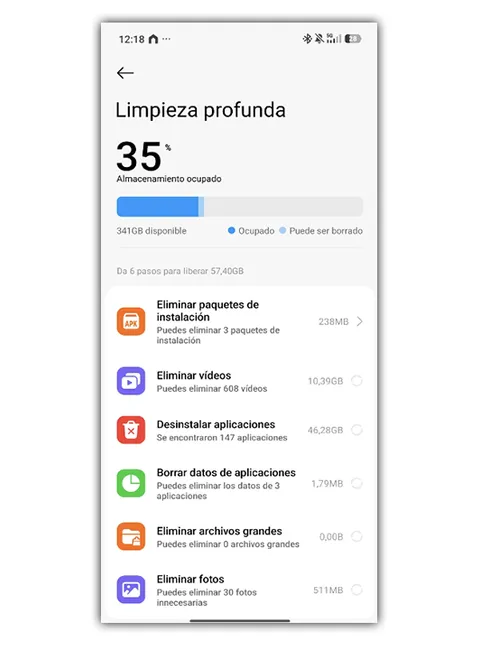 Menu de nettoyage en profondeur sur un mobile Xiaomi avec des options pour supprimer des fichiers et libérer de l'espace de stockage.