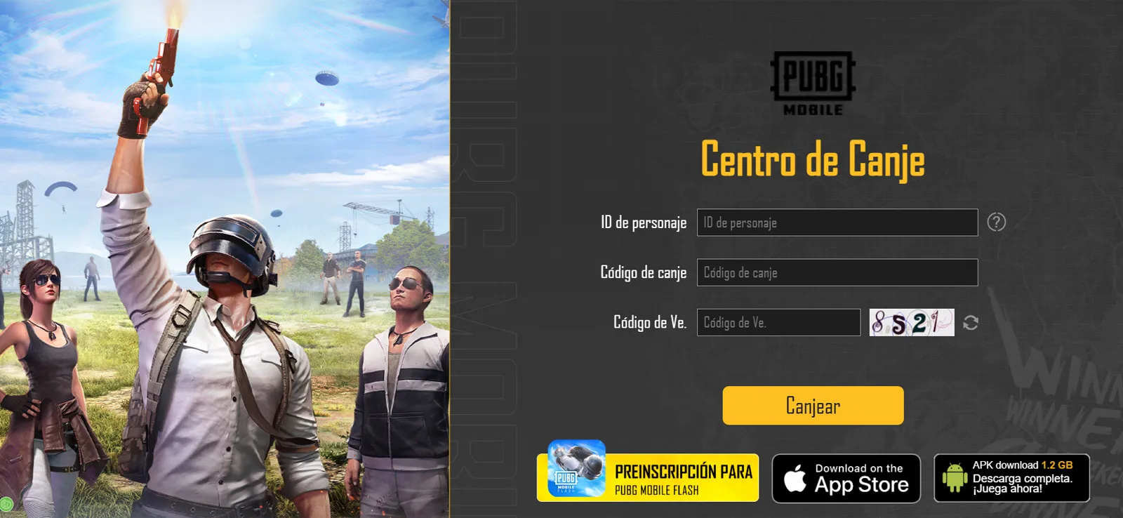 Interface du PUBG Mobile Redemption Center avec des formulaires pour l'identification et les codes des personnages.